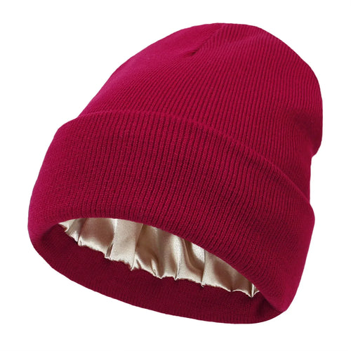 Donker Rood Beanie met Zijden Voering - Beschermt je Haar & Houdt je Warm