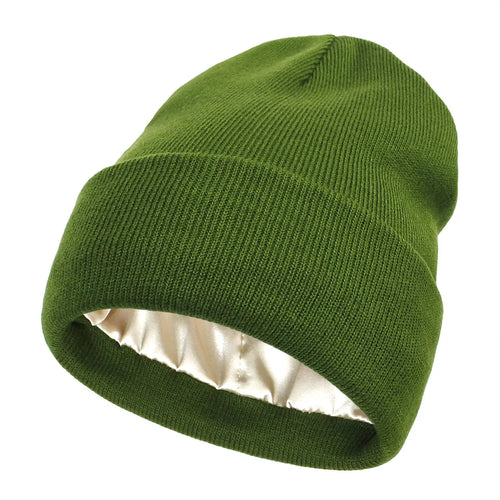 Groene Beanie met Zijden Voering - Beschermt je Haar & Houdt je Warm