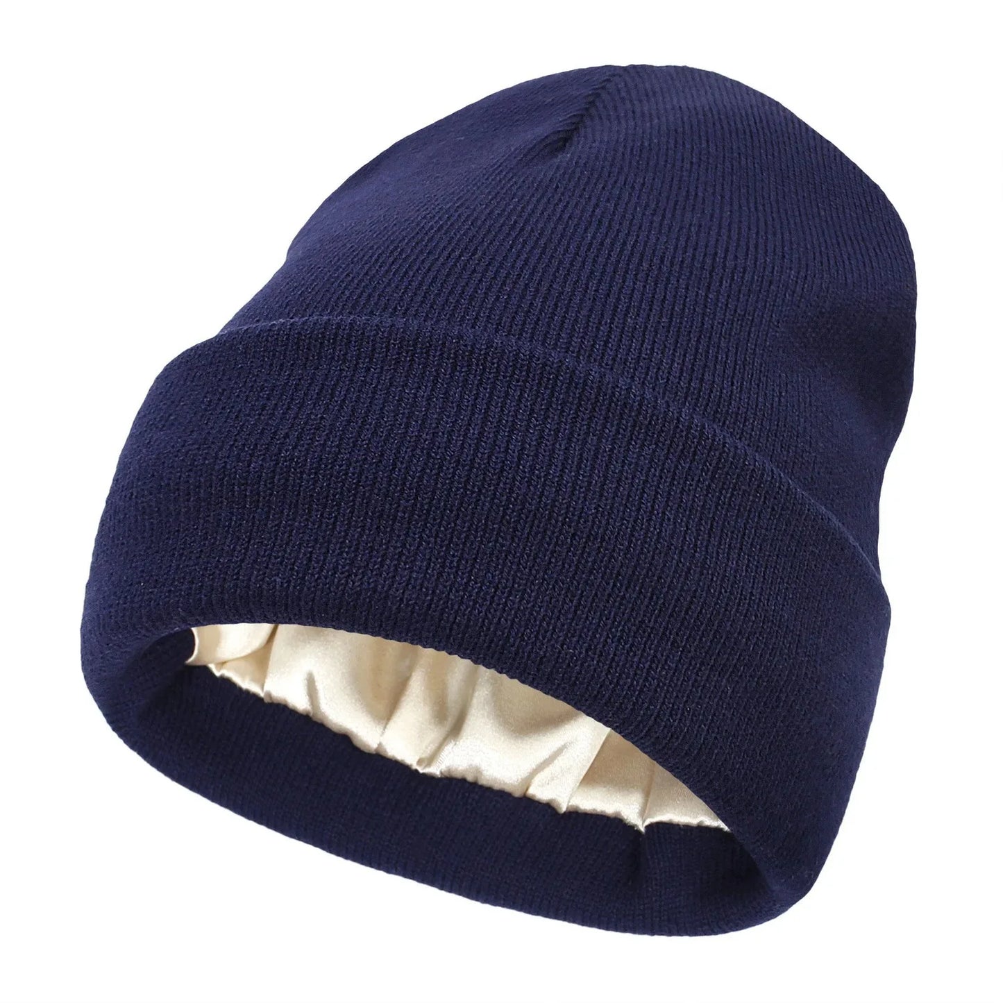 Navy Blauw Beanie met Zijden Voering - Beschermt je Haar & Houdt je Warm