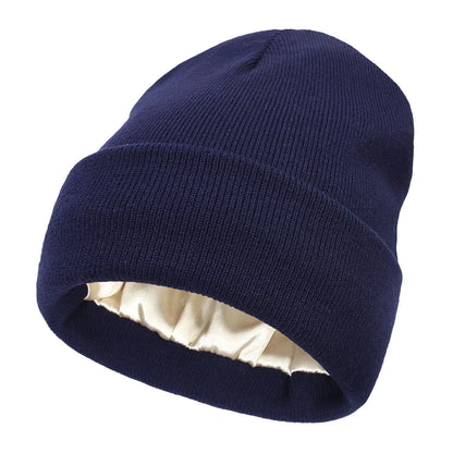 Navy Blauw Beanie met Zijden Voering - Beschermt je Haar & Houdt je Warm
