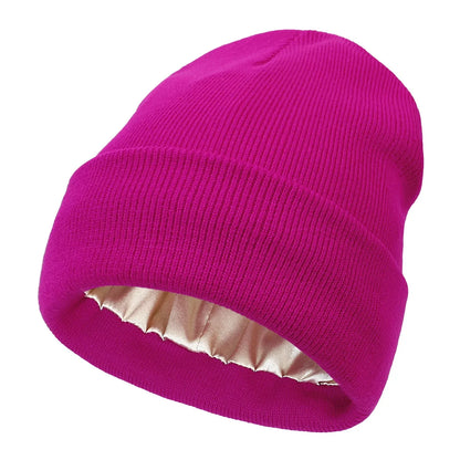 Donker Roze Beanie met Zijden Voering - Beschermt je Haar & Houdt je Warm