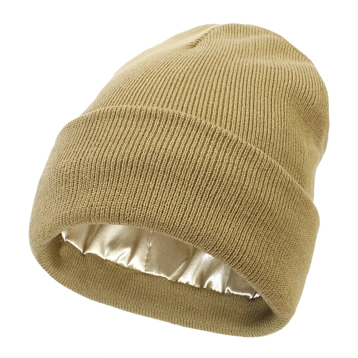 Khaki Beanie met Zijden Voering - Beschermt je Haar & Houdt je Warm
