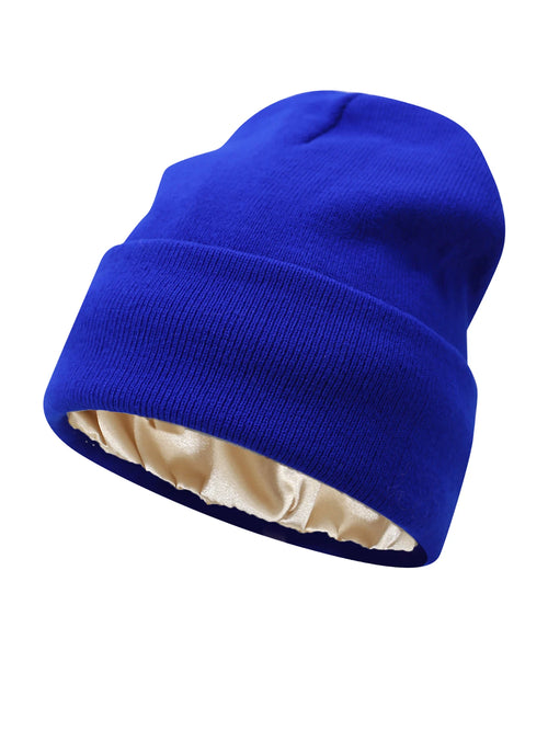 Blauwe Beanie met Zijden Voering - Beschermt je Haar & Houdt je Warm