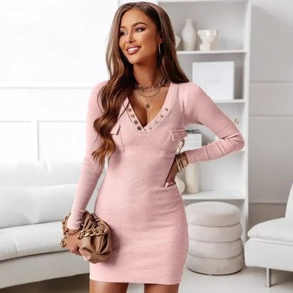 La Blanche Bodycon Jurk met V-Hals en Studdetails - Elegante & Verleidelijk